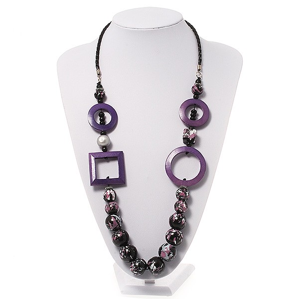 Long Purple Wood Bead Black Leather Style Cord Necklace - 74cm Length