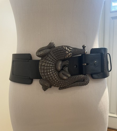 Huge Kieselstein-Cord Sterling Alligator Buckle With Black Leather Belt Size 2