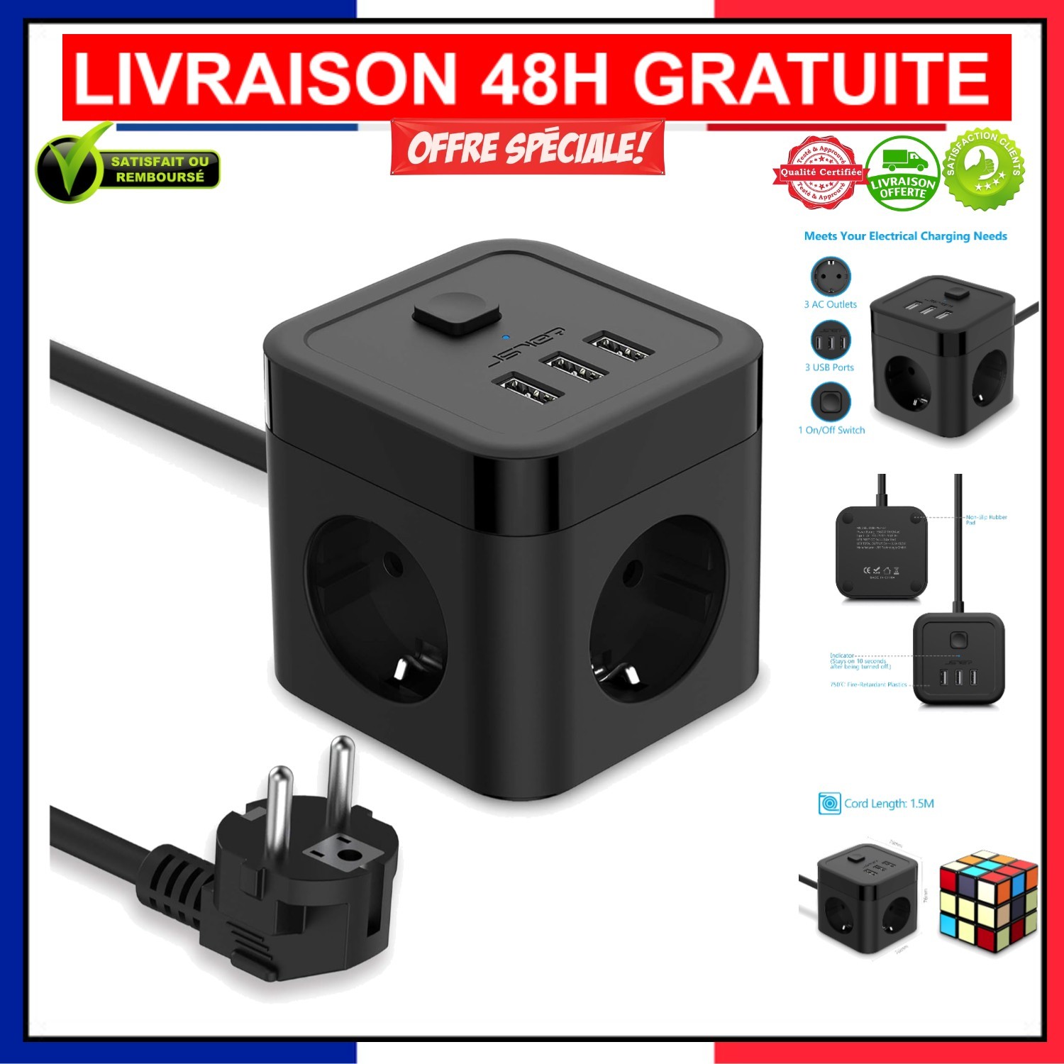 Multiprise Cube Anti-Encombrement JSVER Solution pour Grosses Prises Secteur
