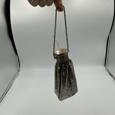 1900s ANTIQUE Silver Metal Mesh Chatelaine Purse Hinged Lid Chain Handle 63D4