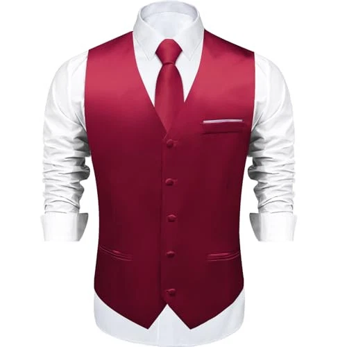 Mens Satin Suit Vest and Tie Set 8PCS Solid Waistcoat and Large Burgundy - Image 2 of 4