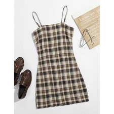 Romwe Dress Mini Plaid Beige Tan Cream Academia Preppy Grunge XS