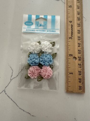 Offray Accessories 6 Bows-2 White 2 Blue 2 Pink-Scrapbooking Crafts Journalling - Picture 3 of 4