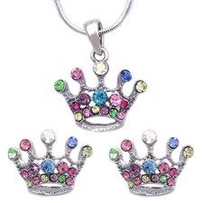 Princess Crown Colorful Tiara Pendant Necklace Stud Earrings Jewelry Set s2037s