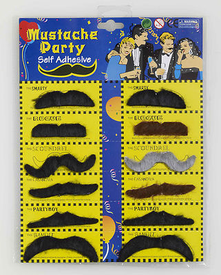 MOUSTACHE PARTY PACK 12 SELF ADHESIVE MOUSTACHES - ASSORTED- MOST POPULAR STYLES