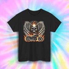 Biker Skull Shirt Wings Fire Motorcycle Rider Skeleton Graphic S-5XL