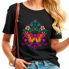 Vibrant Monarch Butterfly  T-Shirt for Women - Floral Design -All cotton
