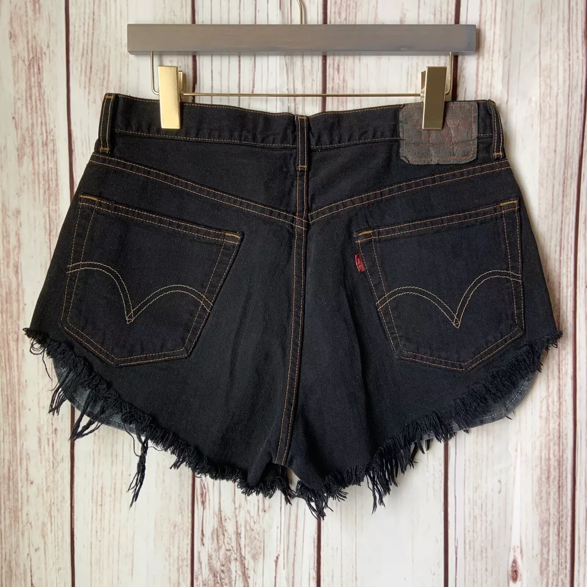 Levis 505 Regular Fit Women Black High Waisted Denim Cuttoff Jean