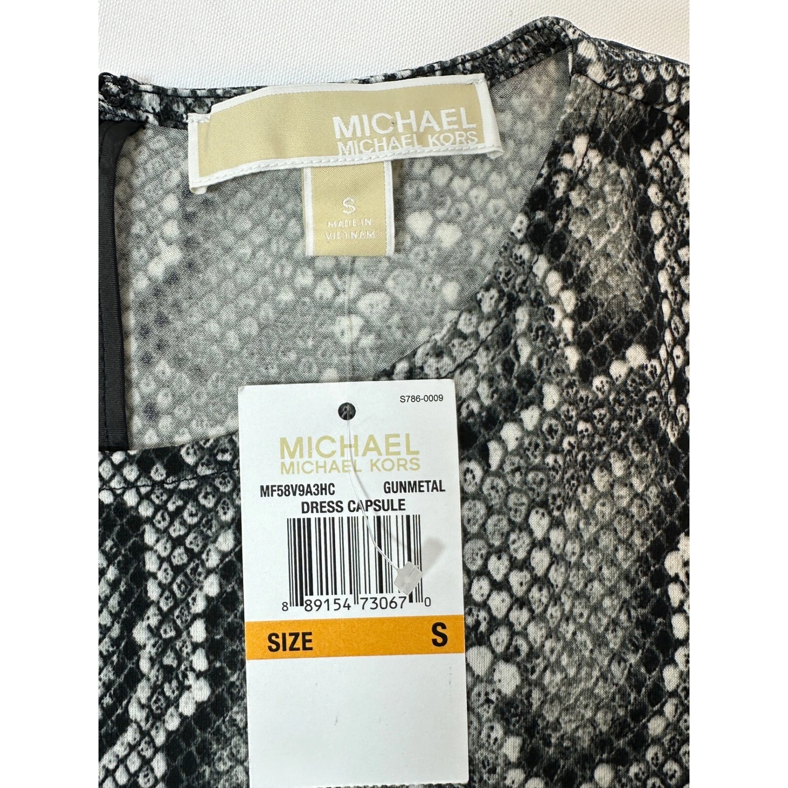 Abito Michael Kors stampa serpente manica lunga tubino dettaglio fibbia taglia S
