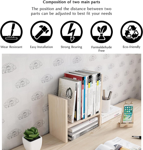 Desktop Organizer Office Storage Rack Adjustable Wood Display Shelf, White, 5 Un - Picture 7 of 7