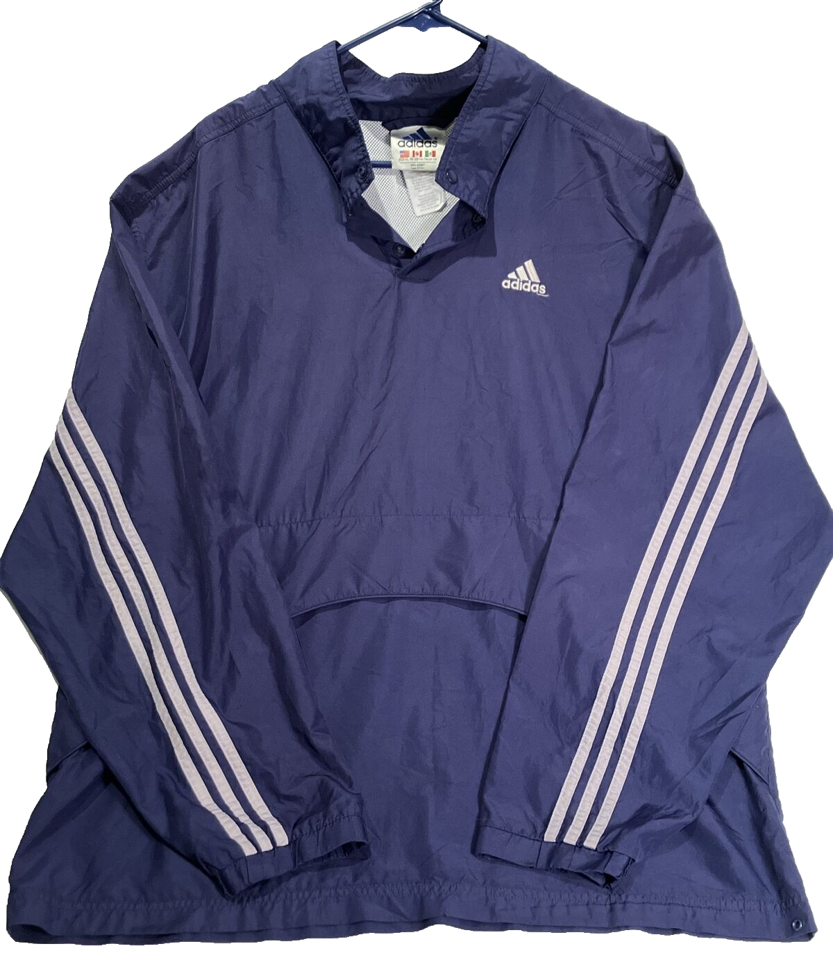 Y2K Vintage Adidas Mens XL 3-Button Pullover Windbreaker Navy Blue 90s Hip Hop
