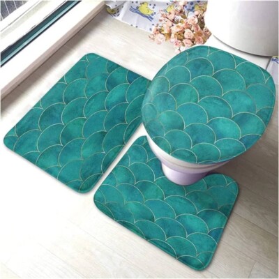 Mermaid Fish Scale Wave Dark Teal Turquoise with Gold Line 3 SET  Pieces 