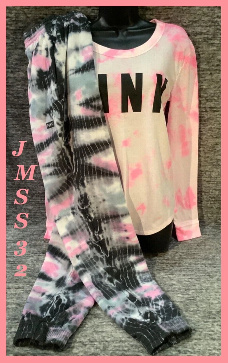 Victoria s Secret Pink Tie Dye LS Tee Shirt Campus HW Jogger Pants Set Pink M