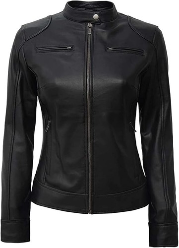 Stylish Black Real Leather Motorcycle Jacket for Women - Cafe Racer Slim fit