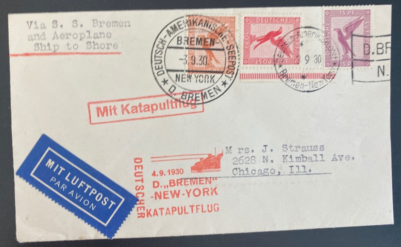 1930 Germany Catapult Flight Airmail Cover SS Bremen to Chicago IL Usa Ship To S