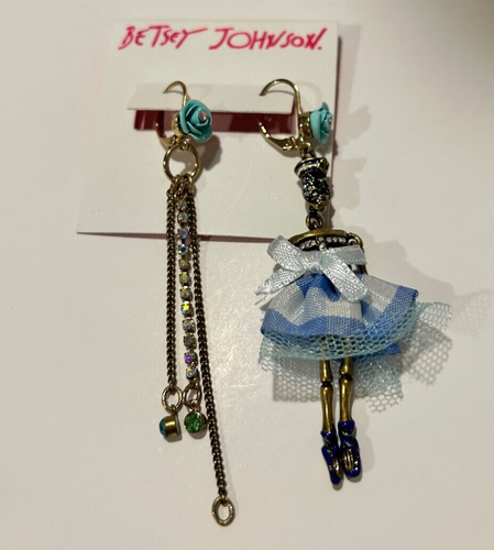 Betsey Johnson Skulls And Roses Blue Rose Sailor Skeleton Mismatch Earrings RARE