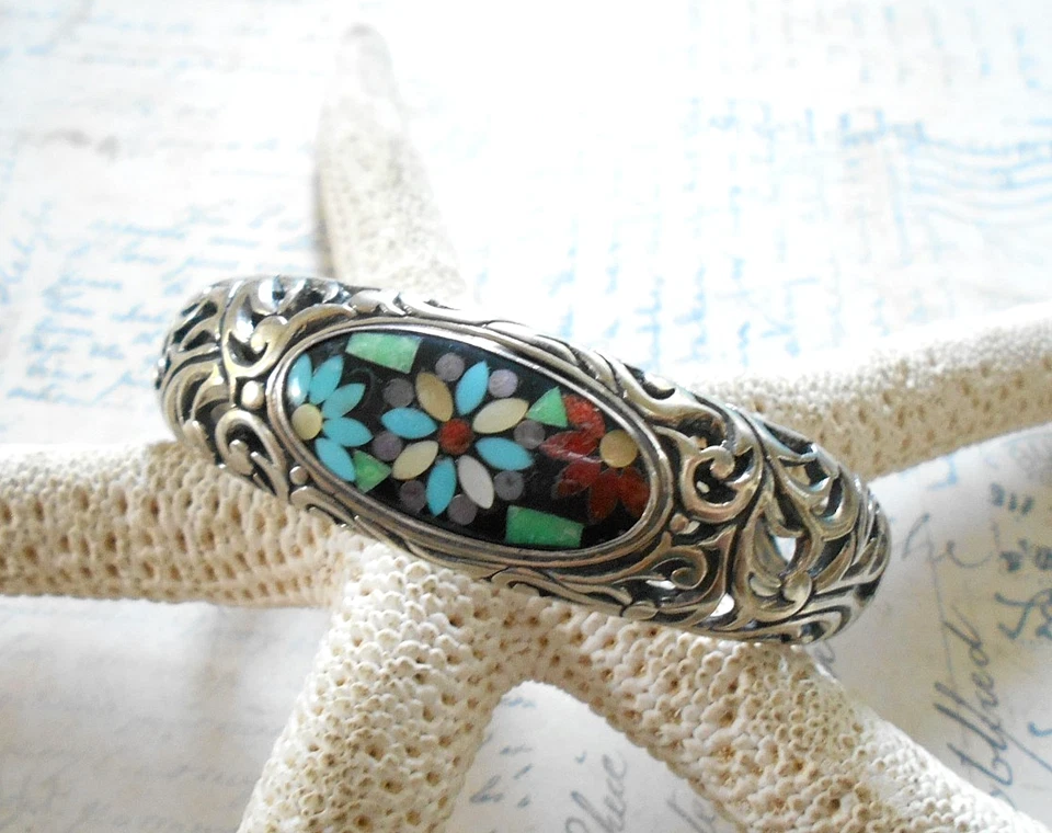 Carolyn Pollack Oxidized Sterling Inlaid Floral Cuff Bracelet   RE53NV - Image 2 of 4