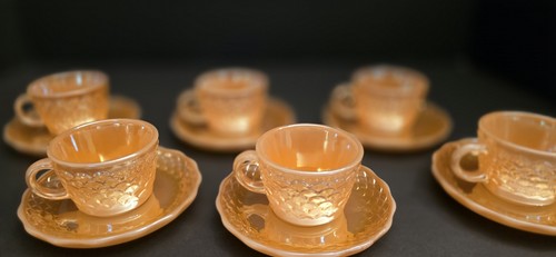 6 Rare Fire King Anchor Hocking Fish Scale Peach Luster Demitesse Cup Saucers - Picture 7 of 9