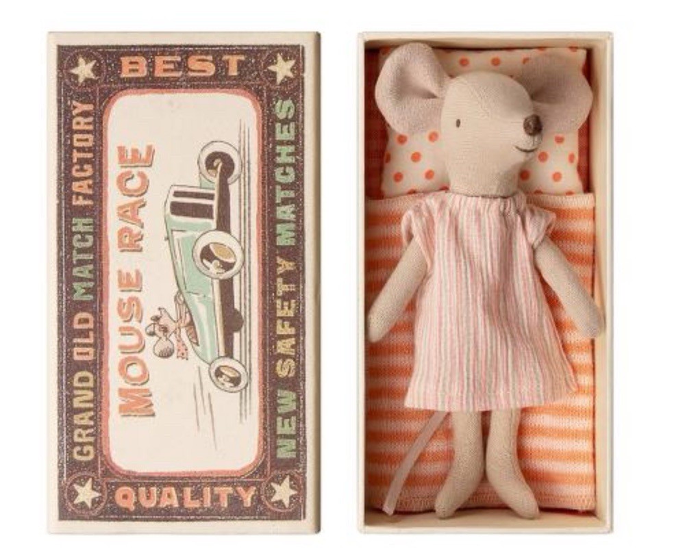 New Maileg Big Sister Mouse in Matchbox Pink Nightgown w/ Bedding Retired NIB
