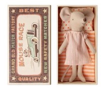 New Maileg Big Sister Mouse in Matchbox Pink Nightgown w/ Bedding Retired NIB