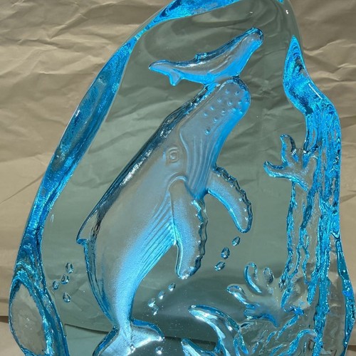 Wyland 2002 Humpback Whale and Calf Blue Glass Sculpture