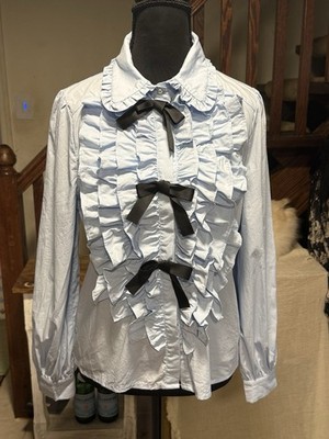 Sister Jane Blue Cotton Ruffle Blouse Black Bow Victorian Coquette Shirt