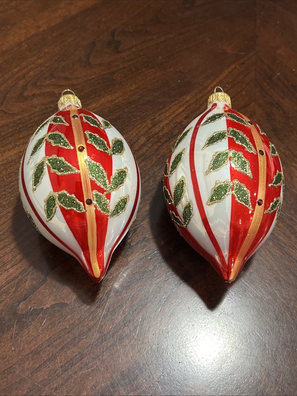 2- Blown Glass Hand Painted Teardrops Christmas Ornaments - Poland - NEW