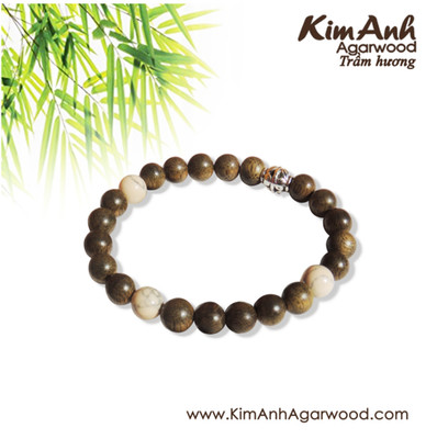 Kim Anh Agarwood Clover Bracelet   Natural Agarwood w/ White Beads   Charm 318