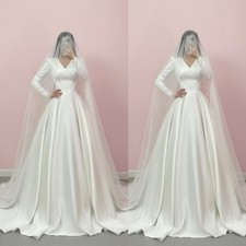 Satin Wedding Dresses V Neck Long Sleeves Sweep Train Ruching A Line Bridal Gown