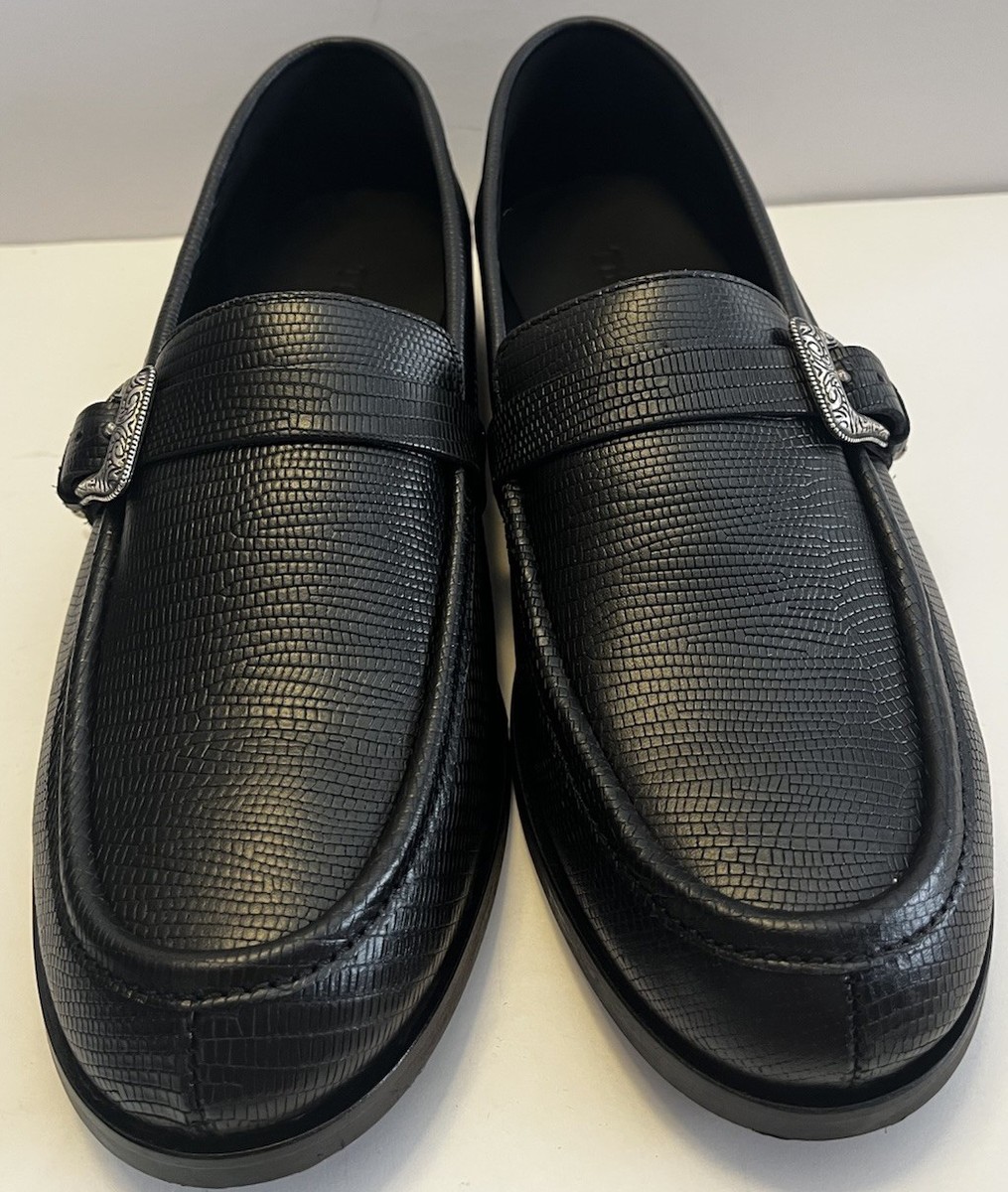 The Kooples Textured Black Leather Loafer Silver Buckle NIB  display picture 3