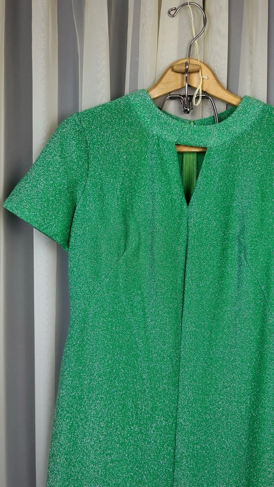 Maxi Vestido De Colección Años 70 Metálico Verde Cojo Tejido Brillante Mod Anfitriona Retro, Hippy Foto 3 de 4