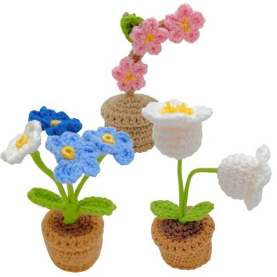 3 PCS Mini Crochet Flower Potted Plant Knitted Fake Plum Blossom Home Decor