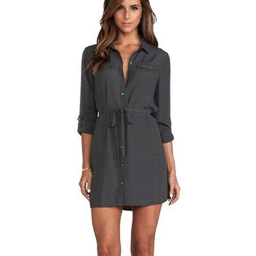 SOFT JOIE SIBBY Button Front Shirt DRESS in Dark Gray Pindot Missing Sash Tie S