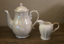 Grace's Teaware Iridescent Scallop Fine Porcelain Teapot  & Creamer 'Pearl White