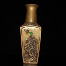 Collectible old copper inlaid gemstone plum blossom bird square four-sided vase