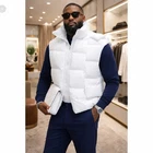 Mens White Oversized Woven Puffer Vest Cassette Quilted Sleeveless Jacket