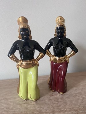 VTG MCM Pair Nubian Blackmoor Figurines Ceramic Gold Trim  8 1/4 