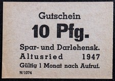 ALTUSRIED 1947 10 Pfennig cardboard Post-WWII German Notgeld