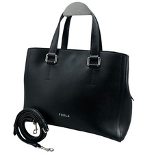 FURLA Black Leather 2-Way Shoulder Tote Bag Authentic Excellent Condition Japan