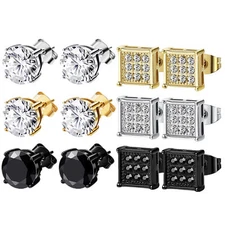 2pcs Men Women Stainless Steel CZ Round Square Ear Stud Earrings 20G Piercings