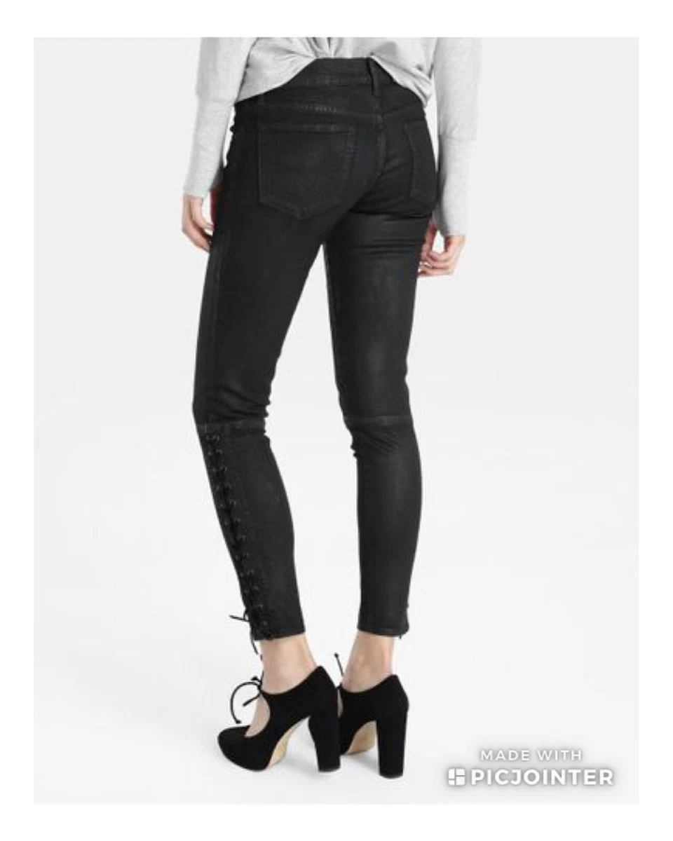 Polo Ralph Lauren Tompkins skinny Lace Up coated Jeans black Sz 25 NWT 245
