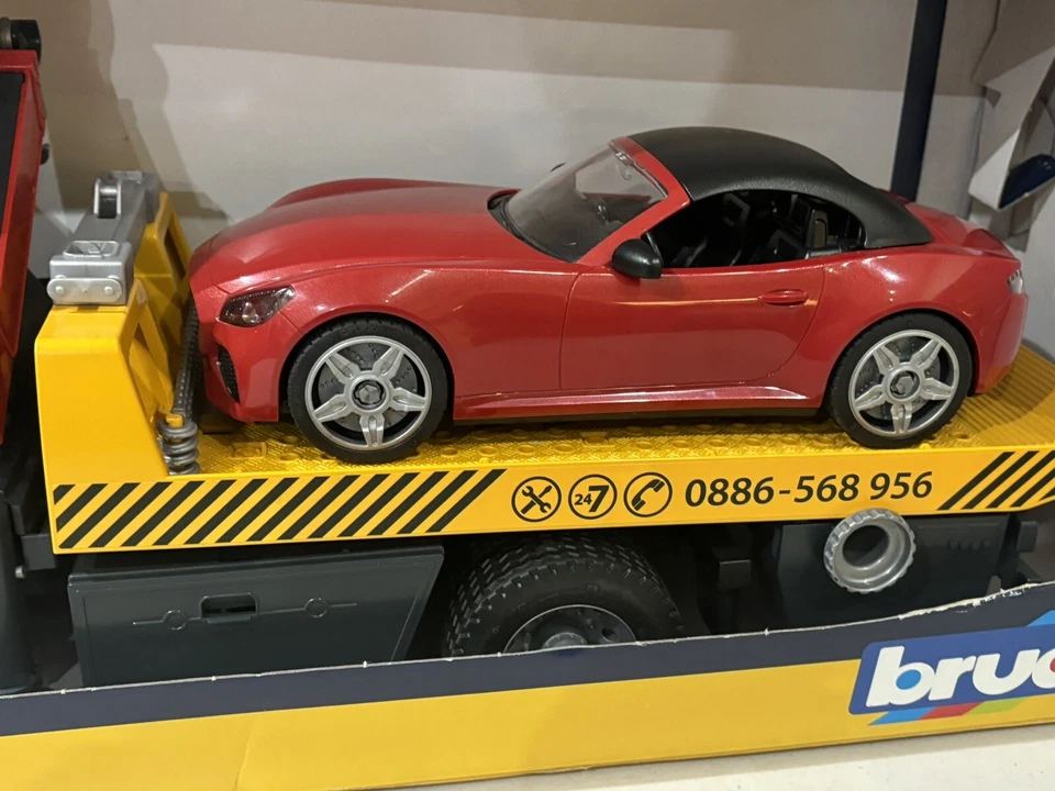 Bruder Toys 03750 MAN Flatbed Tow Truck Crane & Roadster Car With Light & Sound - Image 2 of 4