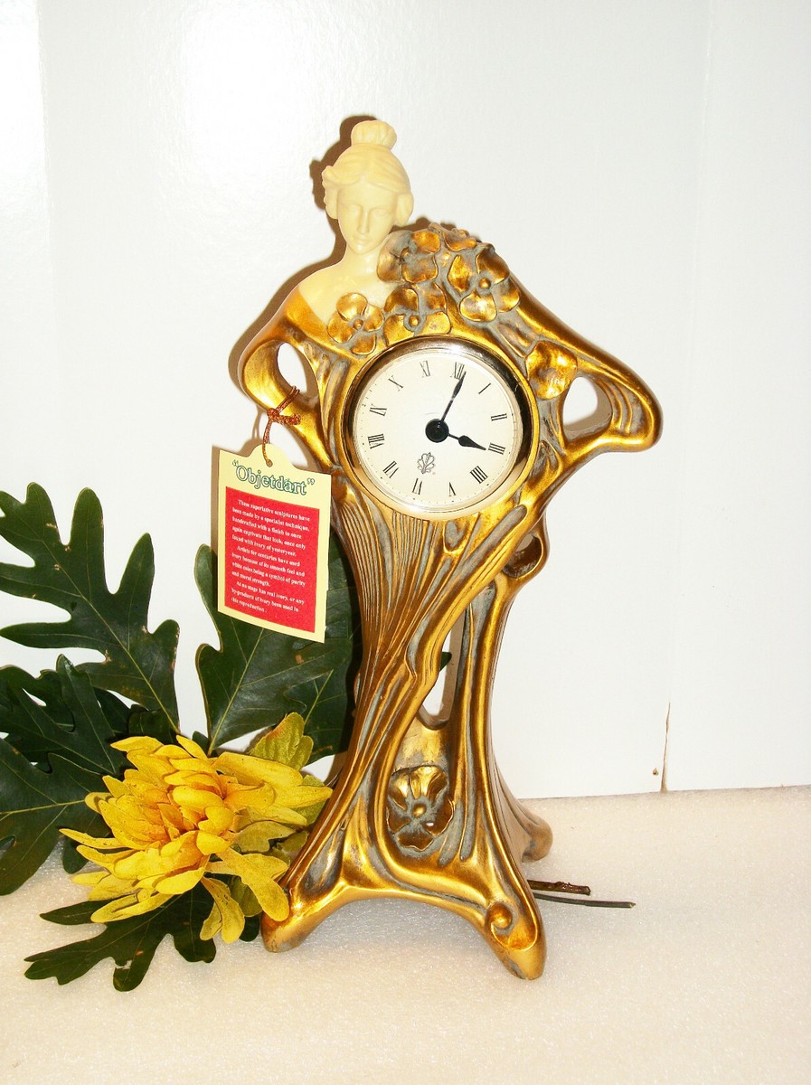 Art Nouveau Style Reproduction Mantel Clock Woman Gold Roses NWT