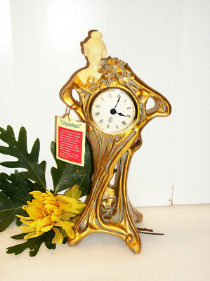 Art Nouveau Style Reproduction Mantel Clock Woman Gold Roses NWT