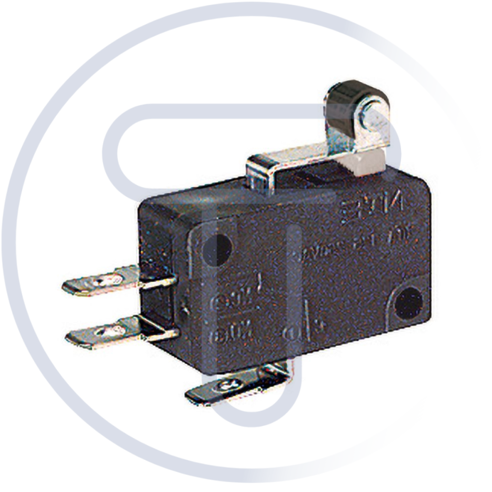 Deviatore finecorsa con leva 12mm con rotella, terminali faston 4,8mm, 250V 5A