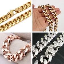 Fashion 12/15mm Cut Curb Cuban Link Chain Stainless Steel Mens Necklace Bracelet
