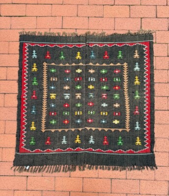 3'3 X 3'3 Unique Vintage Flatweave Square Dowry Marital Cicim Rug from Crete