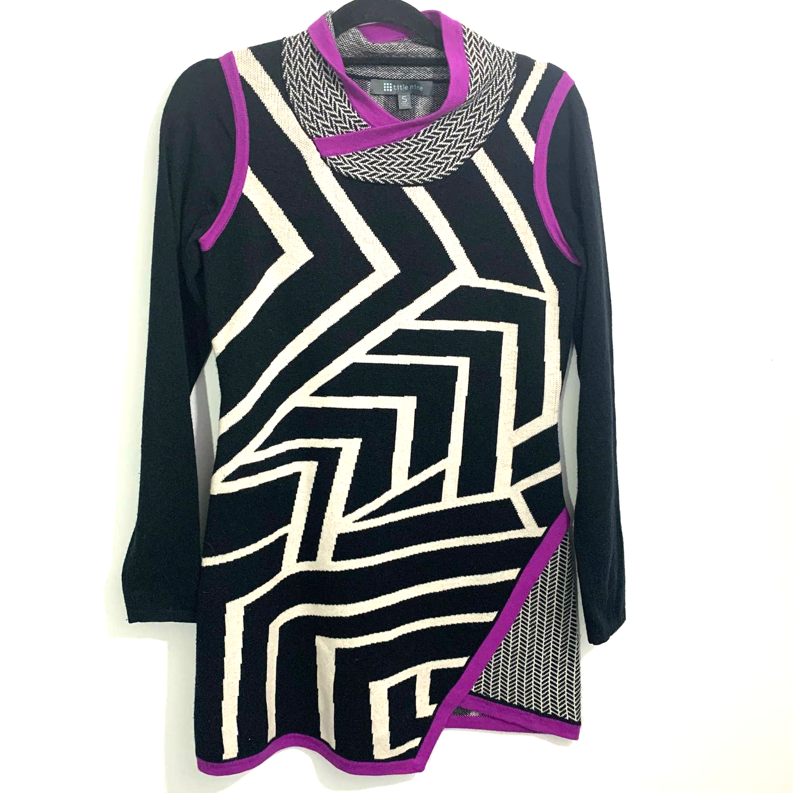 Title Nine Brazen Sweater Dress Tunic Geometric Black White Purple Size  Small | eBay