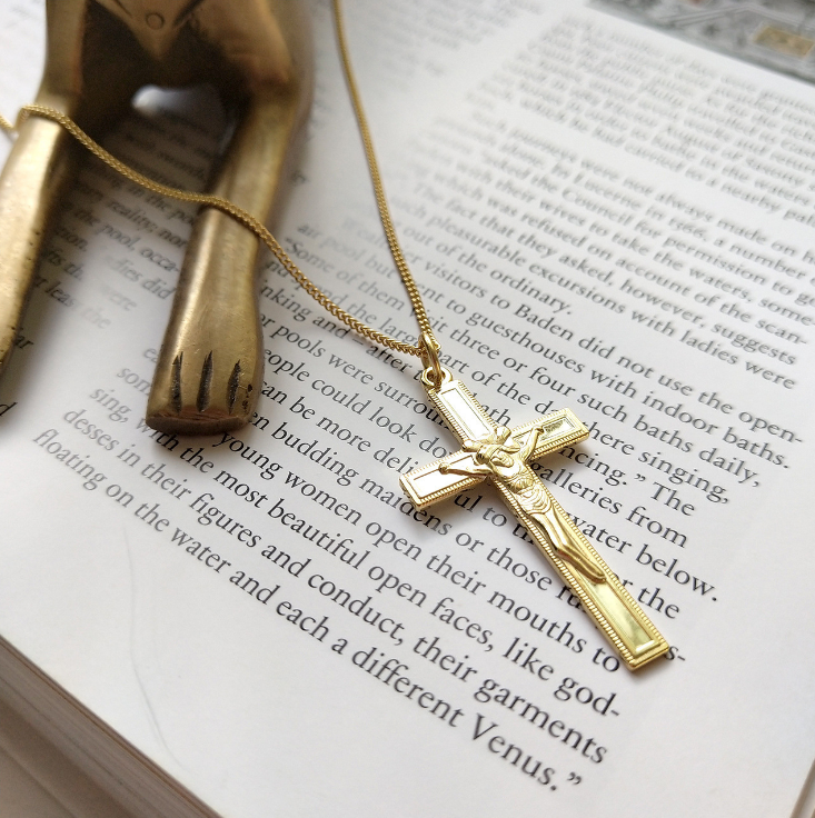 Women 925 Sterling Silver Gold Jesus Cross Pendant Necklace 15.5