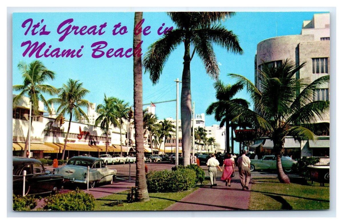 Miami Beach, FL Postcard- LINCOLN ROAD Fifth Avenue People Cars